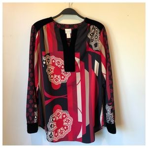 Chico’s Popover Top Red/Black/Beige/Tan Print